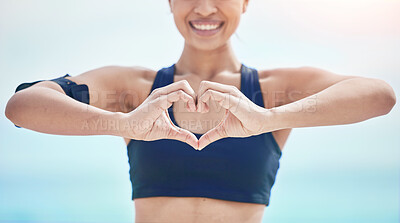 Buy stock photo Heart, hands and fitness of sports woman outdoor for freedom, wellness and healthy review. Closeup of happy athlete show finger shape for love, support and motivation for care, emoji sign and icon