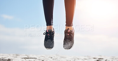 Buy stock photo Woman, fitness and shoes in jump on mockup for sports motivation, running or outdoor exercise. Closeup of female person, athlete or runner feet jumping in workout for healthy wellness or training