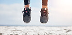 Woman, fitness and shoes jumping on mockup in air for sports motivation, running or outdoor exercise. Closeup of female person, athlete or runner feet jump in workout for healthy wellness or training