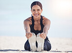 Beach, fitness and woman portrait stretching feet in nature for running, workout or body, exercise or wellness. Shoes, stretch and face of female runner at the sea for training, sports or performance