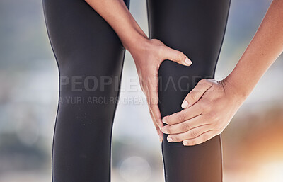 Buy stock photo Closeup of sports person, knee pain and injury for fitness, first aid emergency and exercise health risk outdoor. Legs of athlete, accident and workout mistake with injured muscle, problem and wound