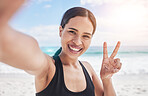 Exercise, selfie and woman at beach with peace hands for running, sports or fitness in nature. Portrait, happy and lady health and wellness influencer smile for social media, blog or profile picture