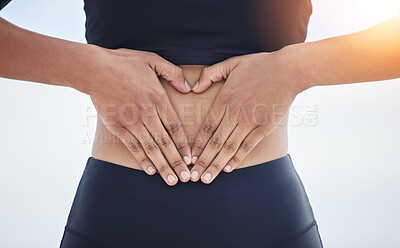 Buy stock photo Woman, heart and hands on stomach for fitness, weightloss diet and gut wellness on flare of white background. Closeup, abdomen and finger shape of love, emoji or sports exercise for healthy digestion