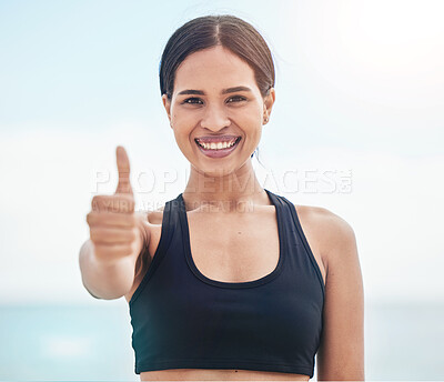Buy stock photo Woman portrait, fitness and thumbs up at a beach with thank you, support or motivation sign in nature. Happy, face and lady runner with well done emoji for sea exercise, training or workout feedback