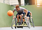 Sports, basketball game and men in wheelchair in action for training, exercise and workout on outdoor court. Fitness, team and male people with disability with ball for match, practice and games