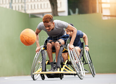 Buy stock photo Sports, basketball game and men in wheelchair in action for training, exercise and workout on outdoor court. Fitness, team and male people with disability and ball for match, practice and games