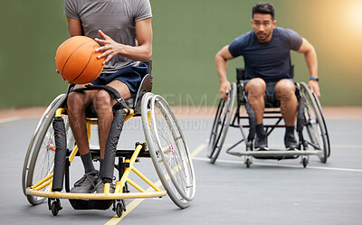 Buy stock photo Fitness, basketball and men in wheelchair on court for training, exercise and workout on outdoor park. Sports, team and male people with disability tackle for ball for competition, practice and games