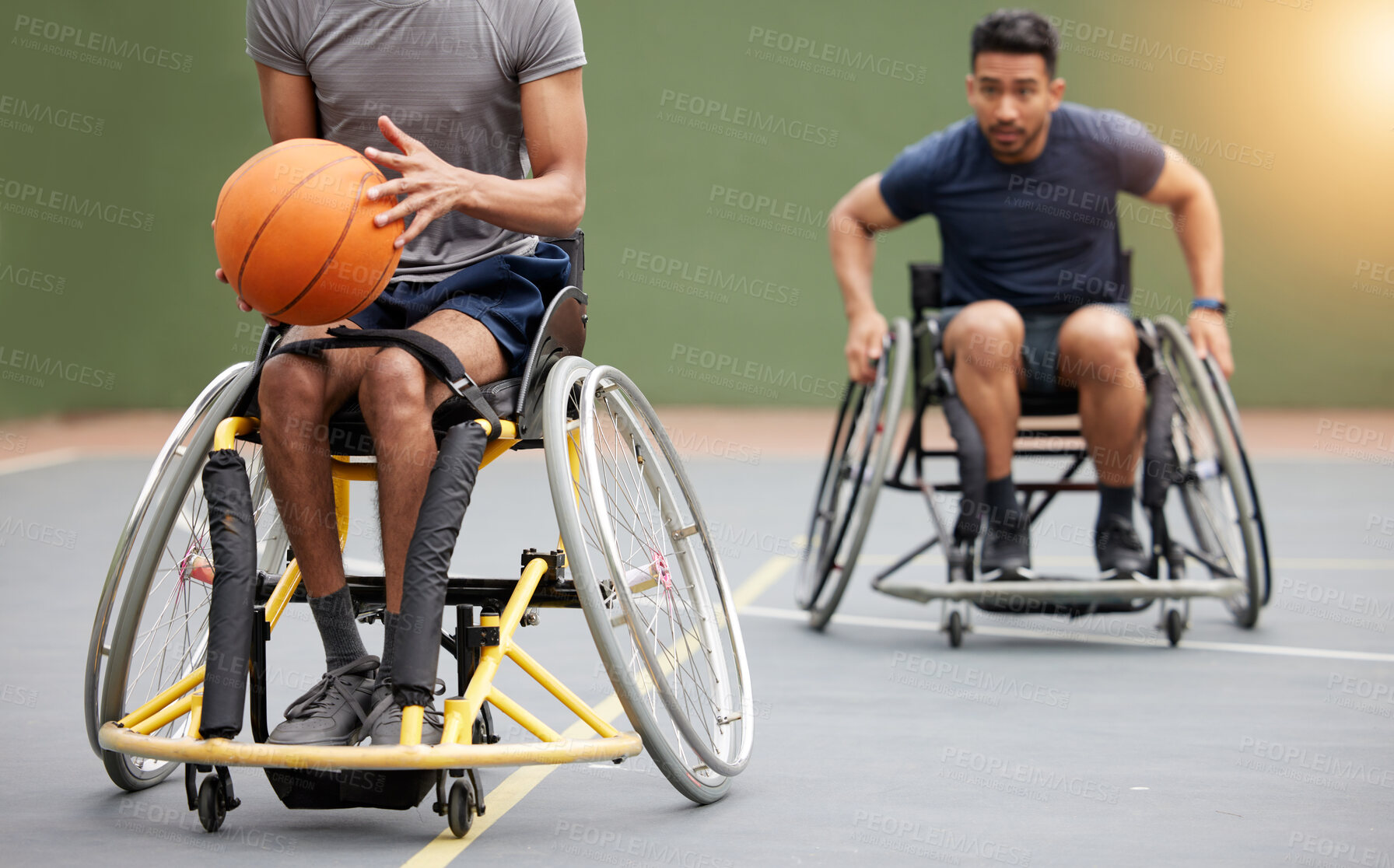 Buy stock photo Fitness, basketball and men in wheelchair on court for training, exercise and workout on outdoor park. Sports, team and male people with disability tackle for ball for competition, practice and games