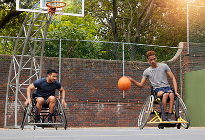 Buy stock photo Sports, basketball court and men in wheelchair for training, exercise and workout on outdoor park. Fitness, team and male people with disability with  ball playing for competition, practice and games