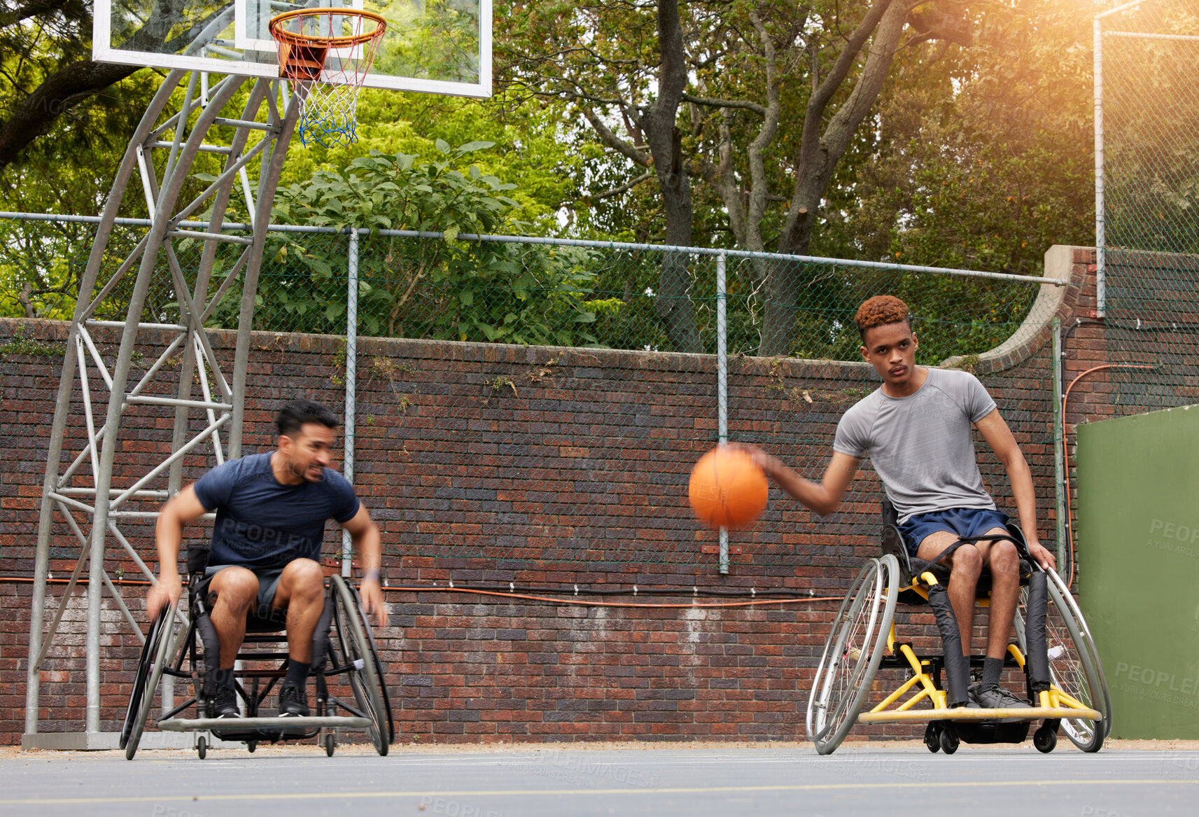 Buy stock photo Sports, basketball court and men in wheelchair for training, exercise and workout on outdoor park. Fitness, team and male people with disability with  ball playing for competition, practice and games