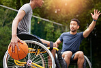 Sports game, wheelchair basketball player and people playing match competition, challenge or practice skills. Outdoor action, opponent and fitness athlete with disability, training and exercise
