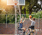 Sports, wheelchair basketball shot and people practice target, goal or hoop shooting in match competition. Player aim ball, rival challenge and outdoor workout, fitness and athlete with disability
