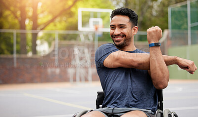 Buy stock photo Stretching and wheelchair user with man on basketball court for training, challenge and competition. Fitness, health and sports warm up with person with a disability for workout, game and start