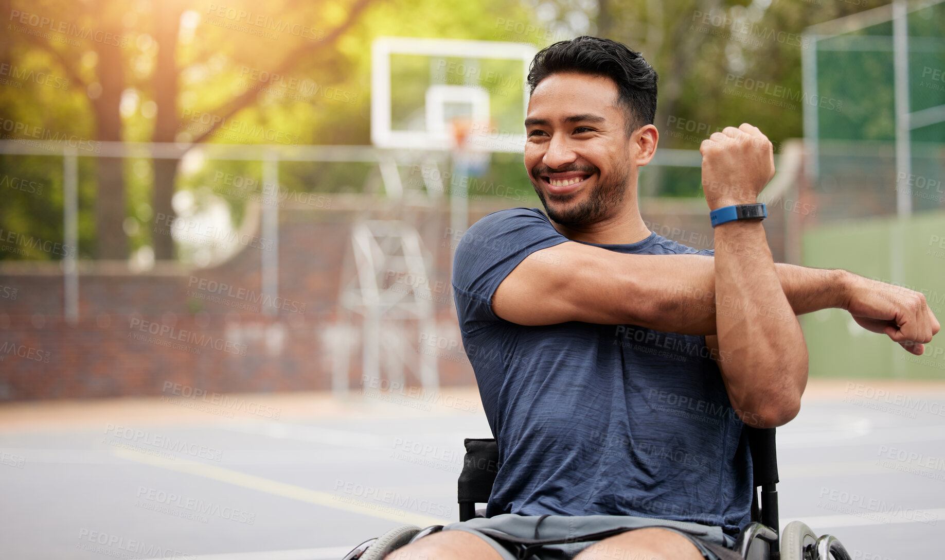 Buy stock photo Stretching and wheelchair user with man on basketball court for training, challenge and competition. Fitness, health and sports warm up with person with a disability for workout, game and start