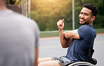 Sports, stretching and wheelchair user with man on basketball court for training, challenge and competition. Fitness, health and warm up with person with a disability for workout, game and start