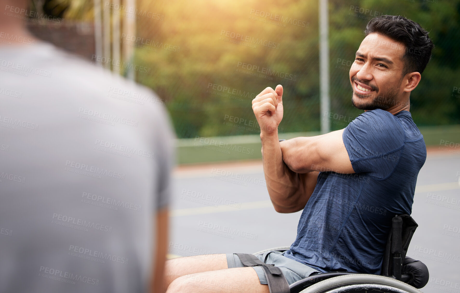 Buy stock photo Sports, stretching and wheelchair user with man on basketball court for training, challenge and competition. Fitness, health and warm up with person with a disability for workout, game and start