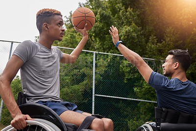 Buy stock photo Sports, basketball goal and men in wheelchair for playing competition, challenge and practice outdoors. Fitness, wellness and male people with disability with ball for training, workout and exercise