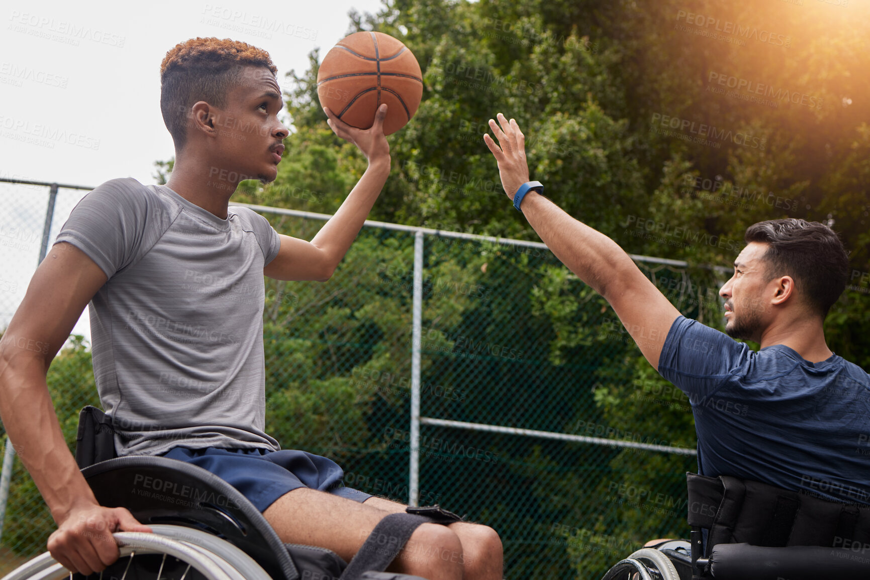 Buy stock photo Sports, basketball goal and men in wheelchair for playing competition, challenge and practice outdoors. Fitness, wellness and male people with disability with ball for training, workout and exercise