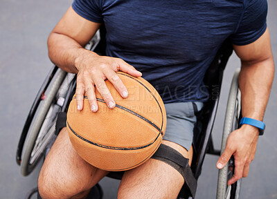 Wheelchair, basketball and above man with sports ball outdoor for fitness, training and cardio. Exercise, hobby and top view of male with disability ready for game, workout and fun or active match