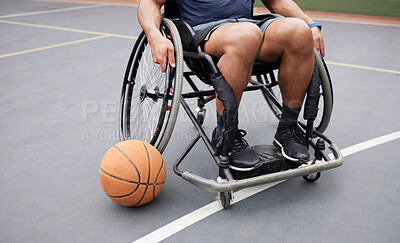 Buy stock photo Wheelchair, sports and man with basketball at outdoor court for fitness, training and cardio. Exercise, closeup and person with disability at a park for game, workout and weekend fun or active match