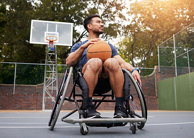 Buy stock photo Sports, wheelchair and man with basketball at outdoor court for fitness, training and cardio. Exercise and person with a disability at a park for game, workout and resilience, challenge or mindset