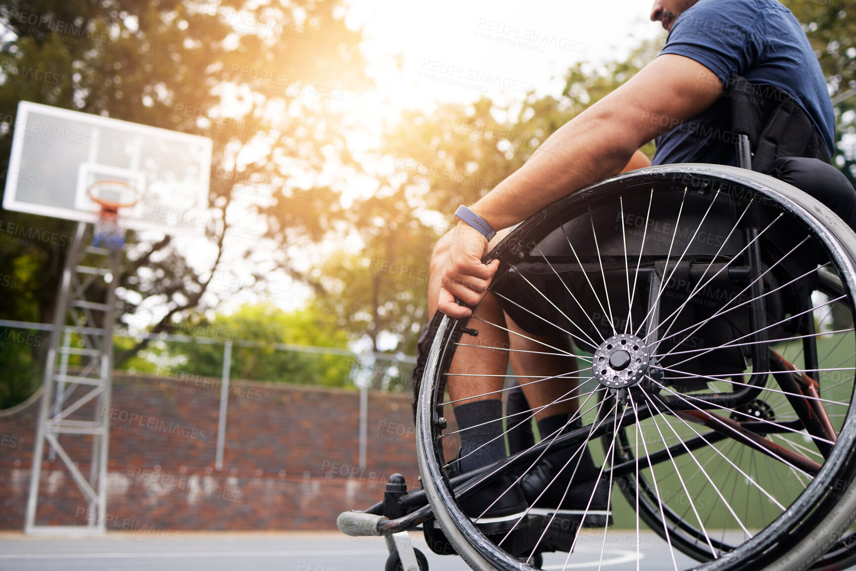 Buy stock photo Sports, basketball court and man in wheelchair for goal in competition, challenge and practice outdoors. Fitness, wellness and male person with disability with ball for training, workout and exercise