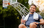 Basketball player, portrait and water for man in wheelchair on sports break, rest and drinking fitness electrolytes on court. Person with a disability, Asian athlete and bottle for exercise recovery