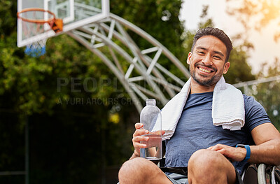 Buy stock photo Basketball player, portrait and water for man in wheelchair on sports break, rest and drinking fitness electrolytes on court. Person with a disability, Asian athlete and bottle for exercise recovery