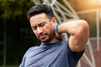 Buy stock photo Sports, man and neck pain for basketball injury from workout, fitness and exercise in competition games. Face, asian athlete and player on court with health risk, accident and first aid for wound 