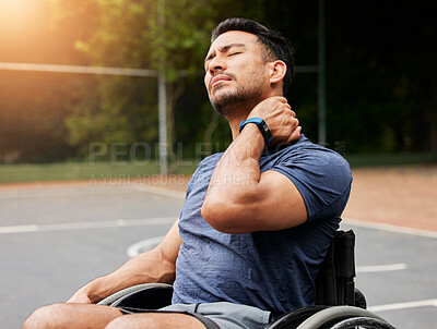 Buy stock photo Neck pain, fitness and basketball court with man and wheelchair user for sports injury, inflammation and tired. Games, health and challenge with person with a disability for accident and emergency