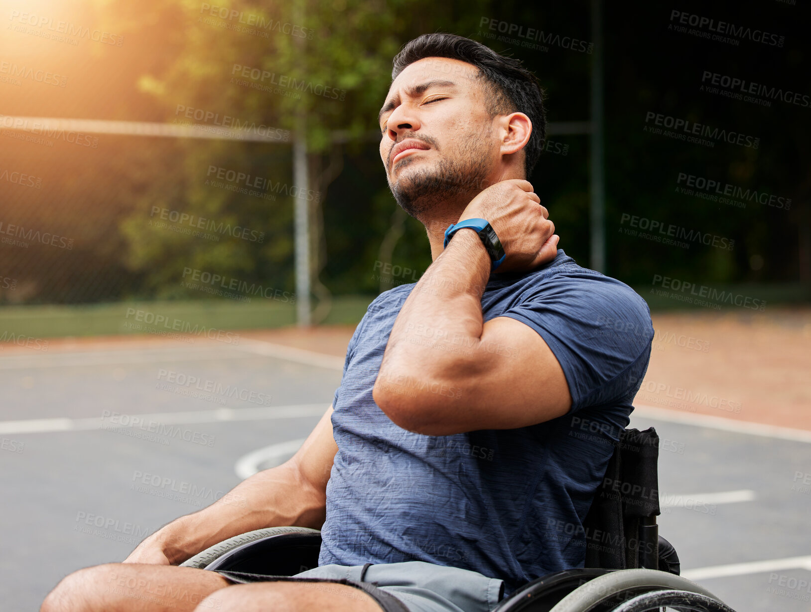 Buy stock photo Neck pain, fitness and basketball court with man and wheelchair user for sports injury, inflammation and tired. Games, health and challenge with person with a disability for accident and emergency