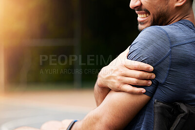 Buy stock photo Fitness, closeup or man with shoulder pain, injury or exercise and inflammation, broken and muscle tension. Zoom, hurt person and athlete with accident, arm strain and health problem on outdoor space