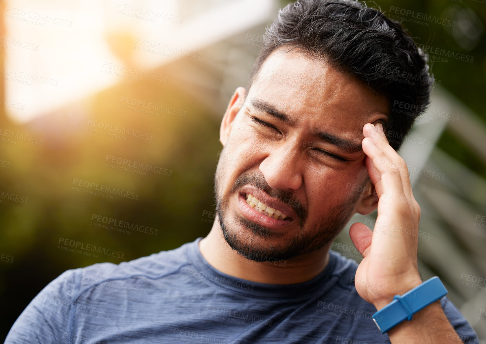 Buy stock photo Sports, headache and man in pain outdoor for injury, vertigo and tired of health problem. Face of asian athlete, runner and training with migraine, fatigue or stress of fitness, exercise and sick