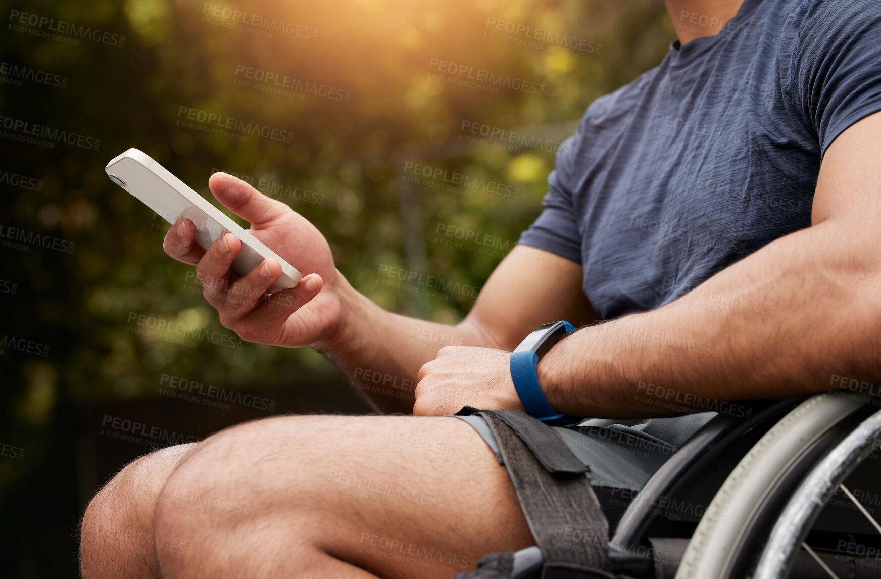 Buy stock photo Phone, wheelchair and hands of person with disability typing internet, website or online search for support information. Nature park, cellphone connection or closeup traveler post to social media app