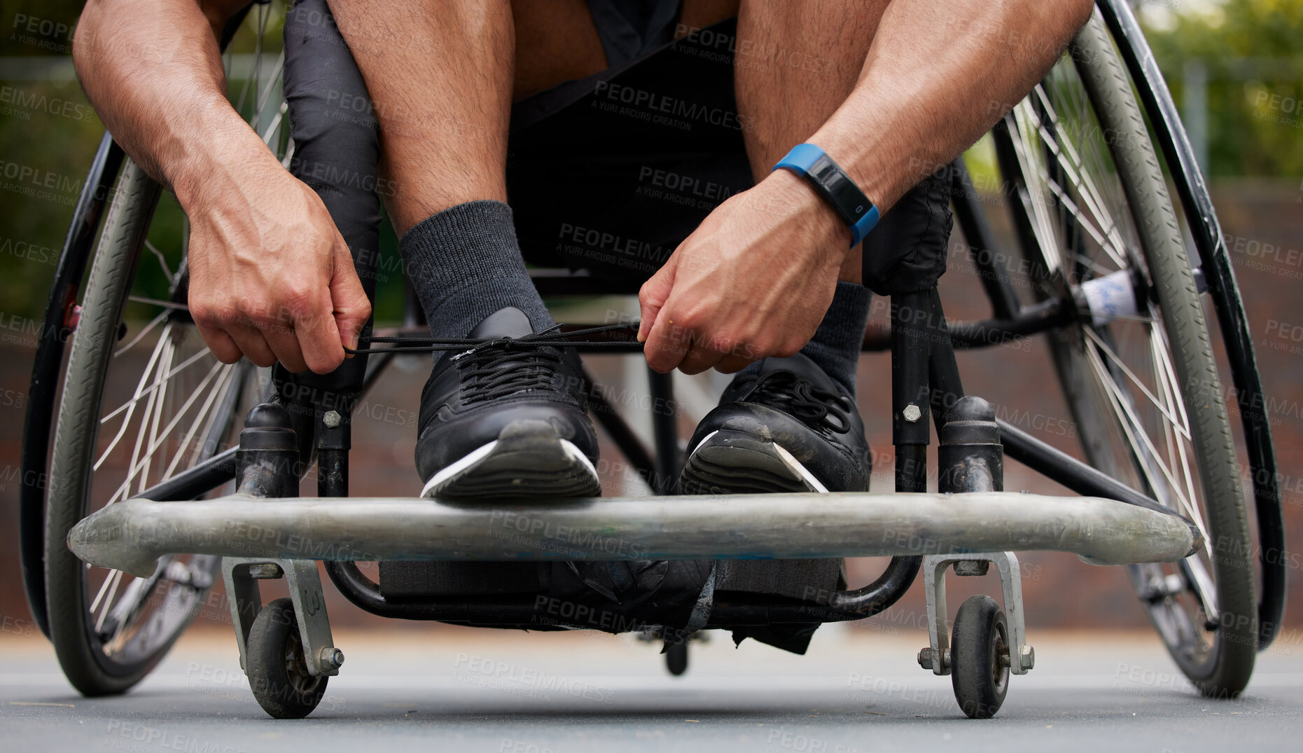 Buy stock photo Sports, wheelchair and hands tie shoes ready for training, exercise and workout on outdoor court. Fitness, start and person with disability tying sneakers for performance, wellness and challenge