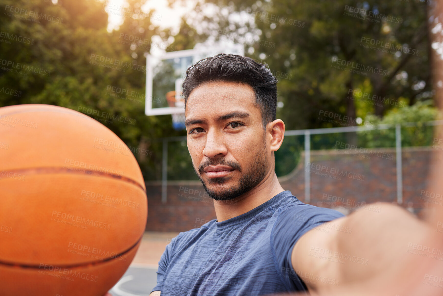 Buy stock photo Man, basketball player and portrait selfie on court for social media, fitness blog or training match vlog. Face, pov or Mexican athlete with ball for exercise, workout and sports photography in games