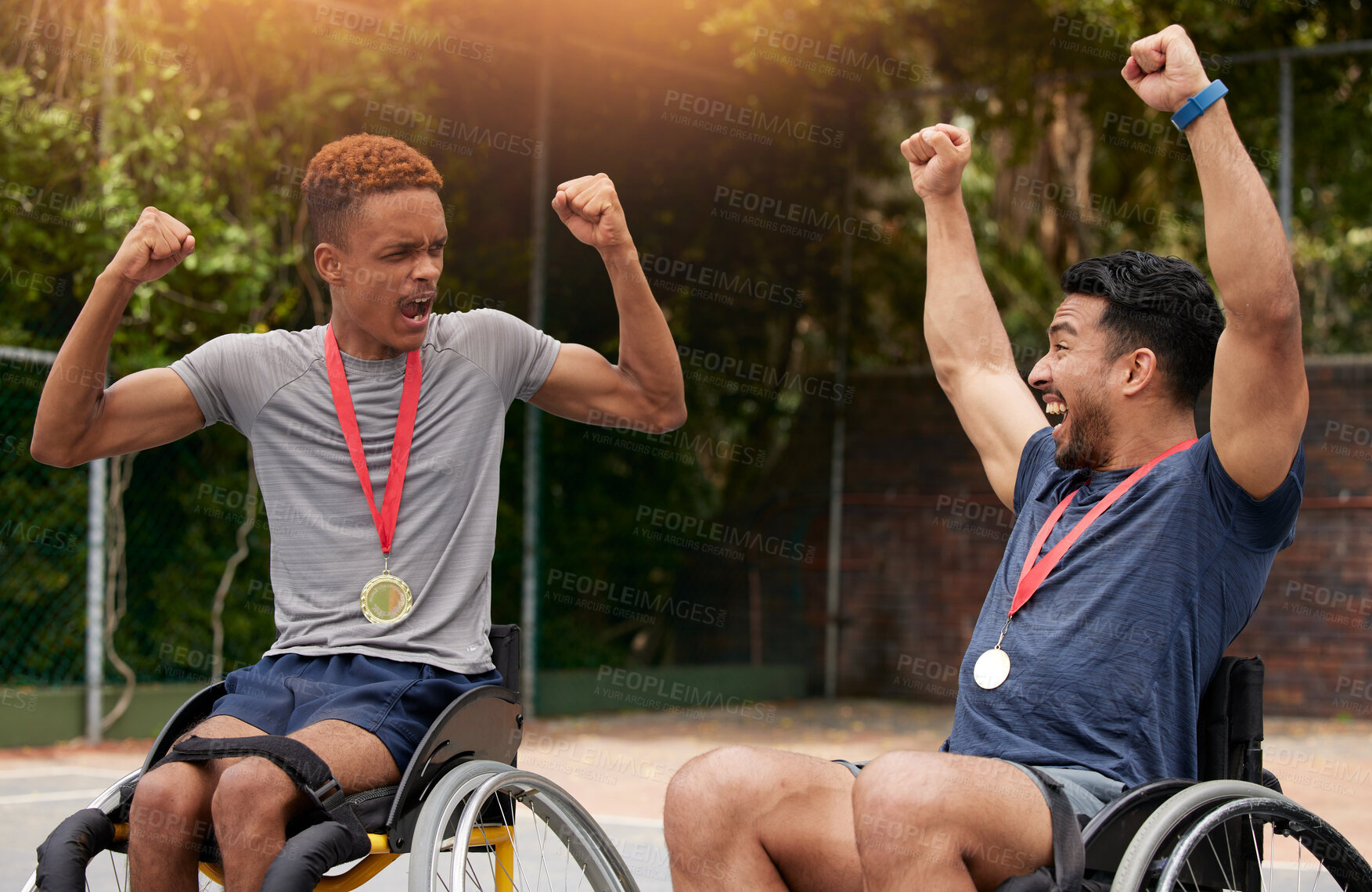 Buy stock photo Basketball, success and wheelchair user with men and celebration for winner, trophy or sports. Training, champion and goal with people with a disability for competition, fitness and teamwork