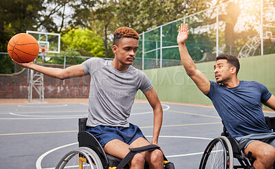 Buy stock photo Sports, basketball and men in wheelchair for training, exercise and workout on outdoor court. Fitness, team and male people with a disability with ball playing for competition, practice and games