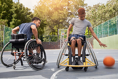 Buy stock photo Sports competition, wheelchair basketball player and people playing competitive match, game or action challenge. Athlete player, dynamic mobility and active men with disability, training and exercise