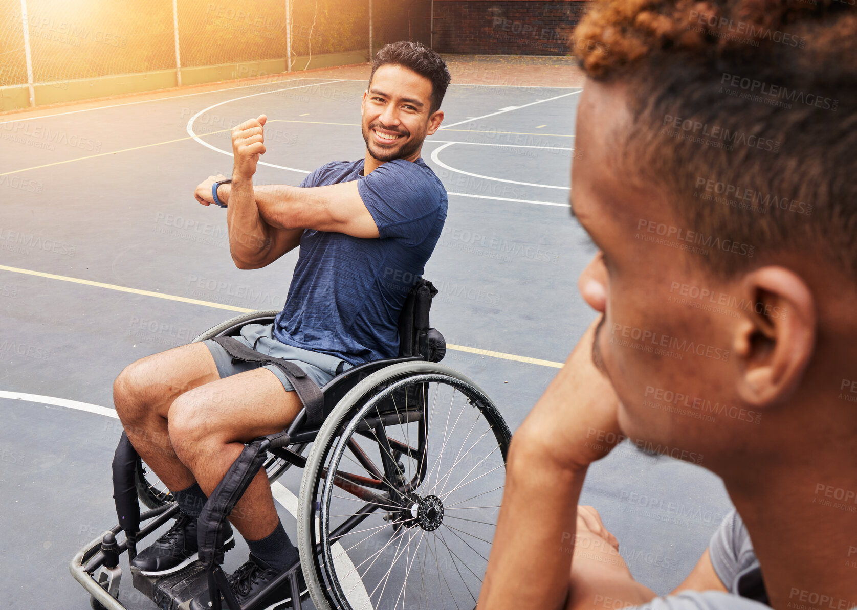 Buy stock photo Sports, wheelchair user and man on basketball court for training, challenge and competition. Fitness, health and warm up with person with a disability and stretching for workout, game and start