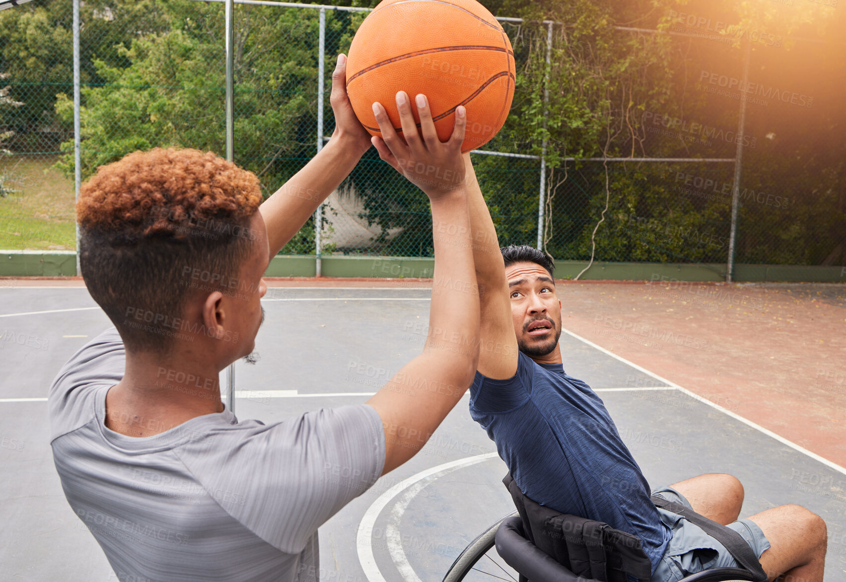 Buy stock photo Sports player, wheelchair basketball or people shooting, defence and practice target, goal and aim ball. Outdoor training, athlete competition or player workout, court fitness and men with disability