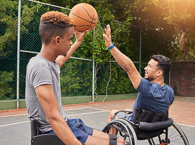 Wheelchair, basketball and men friends with ball at court outdoor for fitness, sports and performance match. Exercise, mobility and man with disability and personal trainer for recovery motivation