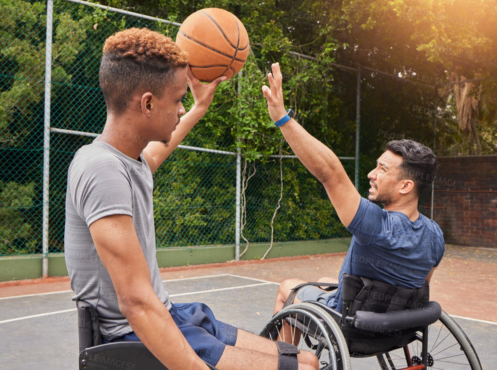 Buy stock photo Wheelchair, basketball and men friends with ball at court outdoor for fitness, sports and performance match. Exercise, mobility and man with disability and personal trainer for recovery motivation