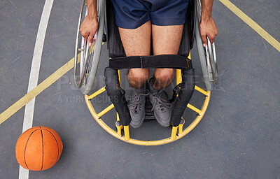 Buy stock photo Sports, basketball court and aerial of man in wheelchair for playing game, challenge and practice outdoors. Fitness, above and male person with disability with ball for training, workout and exercise