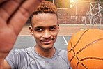 African man, basketball player and portrait selfie on court for social media, fitness blog or training match vlog. Face, pov or athlete with ball for exercise, workout and sports photography in games