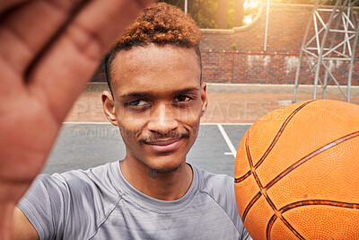 Buy stock photo African man, basketball player and portrait selfie on court for social media, fitness blog or training match vlog. Face, pov or athlete with ball for exercise, workout and sports photography in games