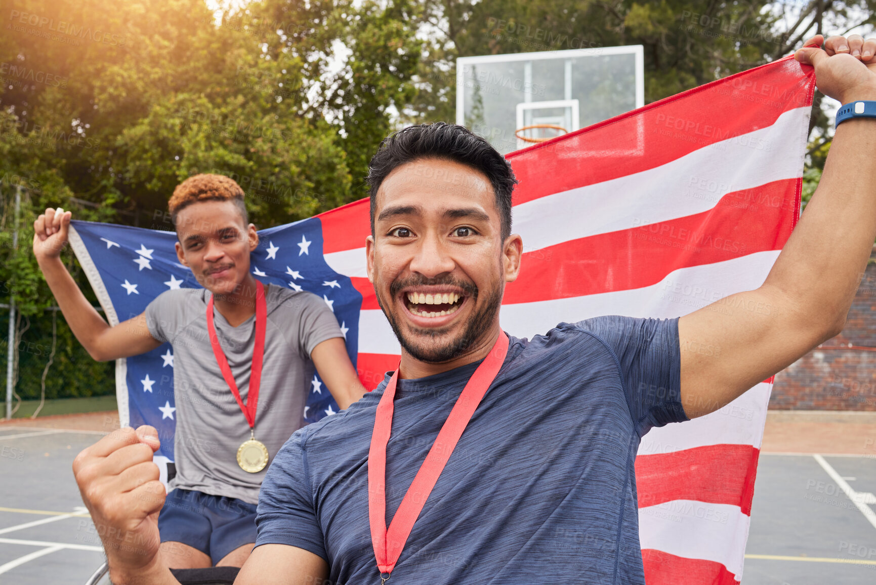 Buy stock photo Basketball, champion and usa flag with men and wheelchair user for success, trophy or sports. Training, winner and achievement with portrait of people with a disability for competition and teamwork