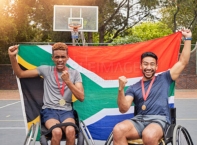 Buy stock photo Basketball, winner and flag with men and wheelchair user for success, trophy or sports. Training, South Africa champion and goal with portrait of people with a disability for competition and teamwork