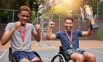 Buy stock photo Basketball, trophy and team with men and wheelchair user for success, winner or sports. Training, champion and achievement with portrait of people with a disability for competition, game and teamwork