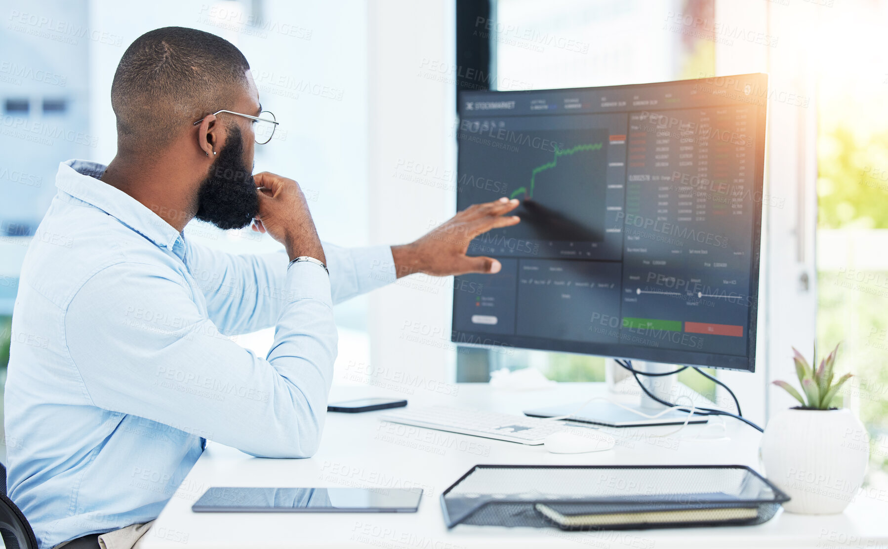 Buy stock photo Stock market, computer and business with black man in office for trading, finance and growth. Investment, cryptocurrency and data with male employee for digital, technology and profit analysis